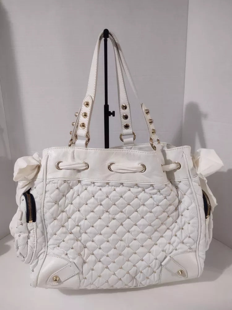 Juicy Couture Large Leather White Gold Beaded Bag Purse🌺🩷