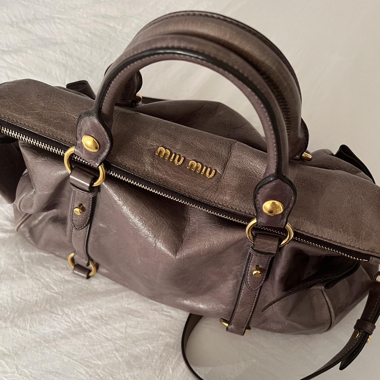 Authentic Grey Looks A Bit Purple In Person Miu Miu Vitello Leather Bow Bag With Gold Hardware And Removable Strap🤎🌆