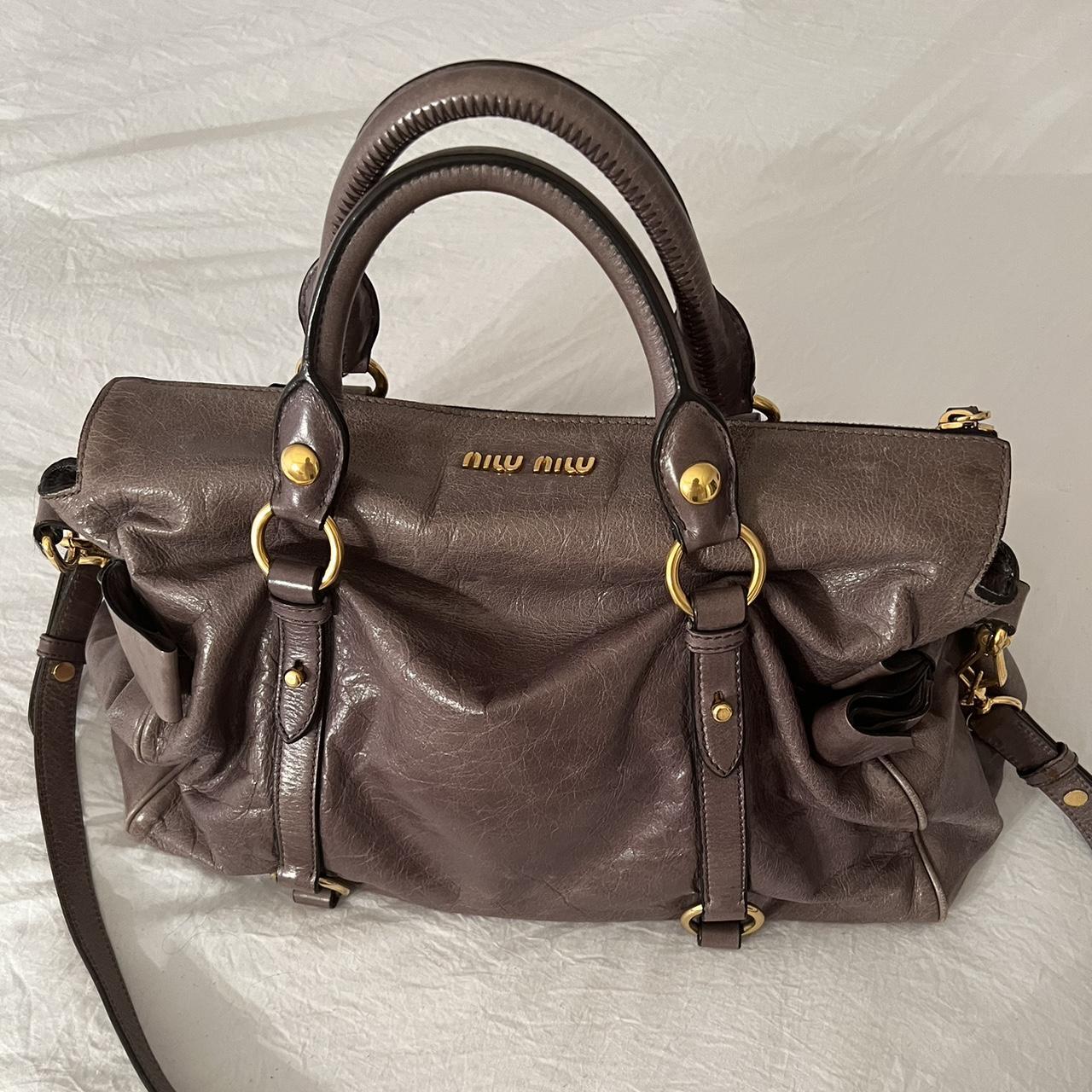 Authentic Grey Looks A Bit Purple In Person Miu Miu Vitello Leather Bow Bag With Gold Hardware And Removable Strap🤎🌆