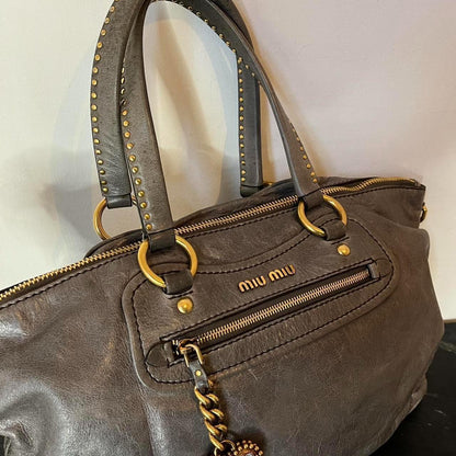 🍇💜PreOwned Miu Miu Studded 2000s Heart Charm Tote Leather Bag🍇💜