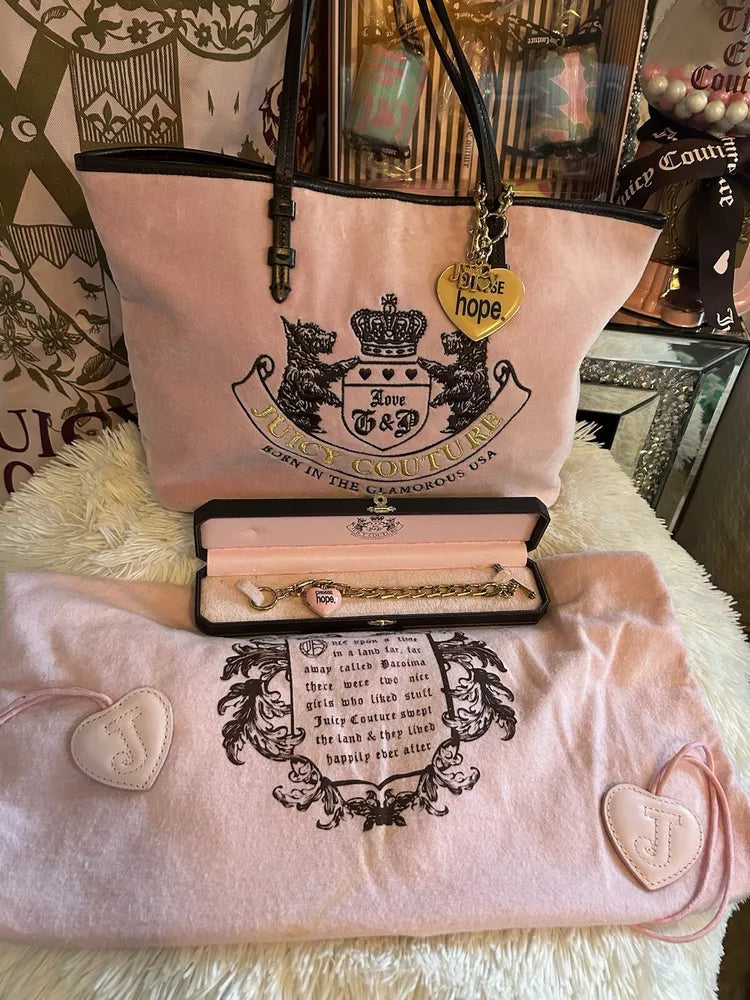 RARE Juicy Couture St. Jude’s CHOOSE HOPE Pink Velour Tote Matching Bracelet🥬🎄