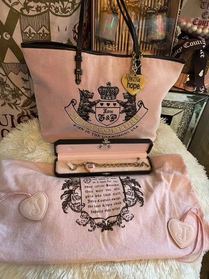 RARE Juicy Couture St. Jude’s CHOOSE HOPE Pink Velour Tote Matching Bracelet🥬🎄