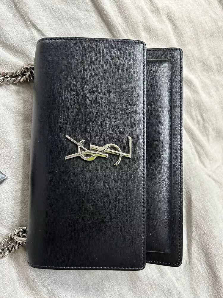 YSL Saint Laurent Sunset Shoulder Bag Medium Black Leather💜🍇