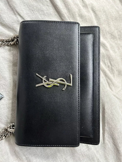 YSL Saint Laurent Sunset Shoulder Bag Medium Black Leather💜🍇