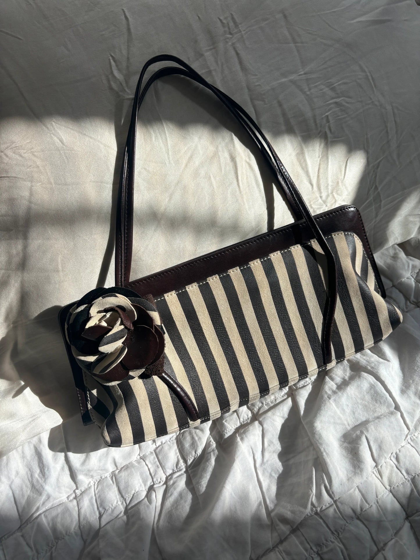 Moschino Vintage Brown Leather Striped Bag Floral Detail🤍🗻