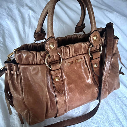 Authentic Brown Miu Miu Vitello Leather Bag With Gold Hardware And Removable Strap🍂✨
