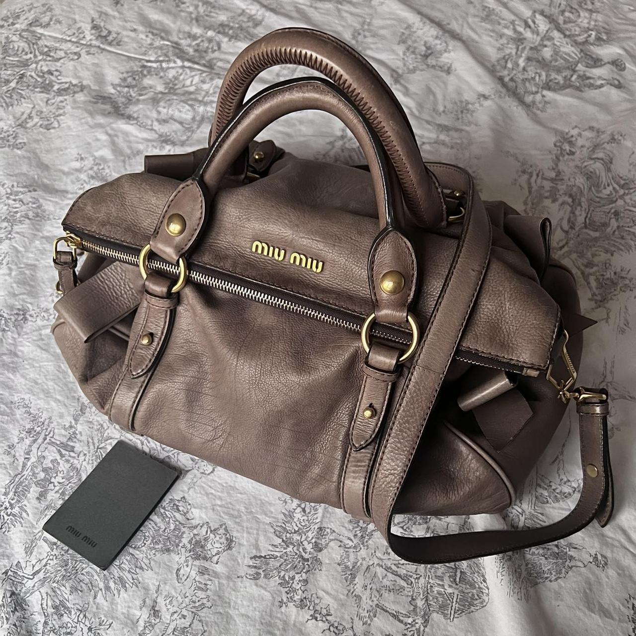 Authentic Miu Miu Purple Grey Leather Vitello Lux Bow Bag In Gold Hardware With Removable Strap🤎🌆