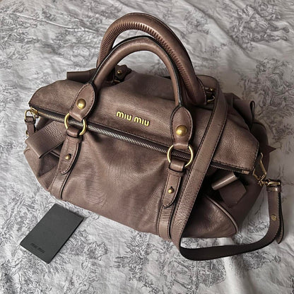 Authentic Miu Miu Purple Grey Leather Vitello Lux Bow Bag In Gold Hardware With Removable Strap🤎🌆