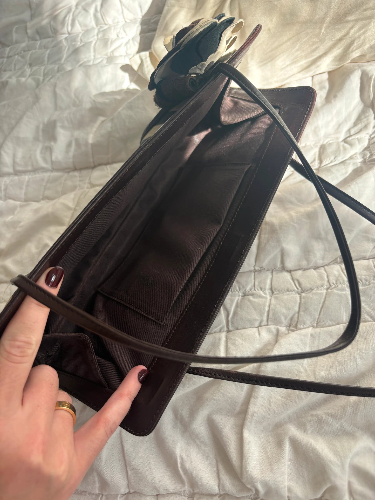Moschino Vintage Brown Leather Striped Bag Floral Detail🤍🗻