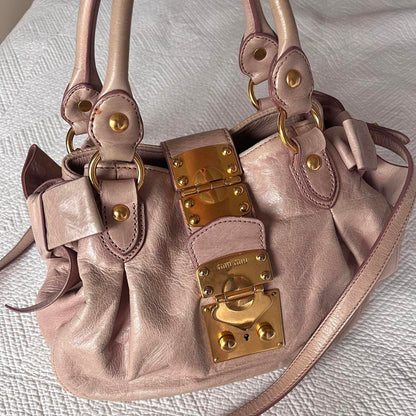 Authentic Light Pink Miu Miu Vitello Leather Bow Bag With Gold Hardware And Removable Strap🤍🗻