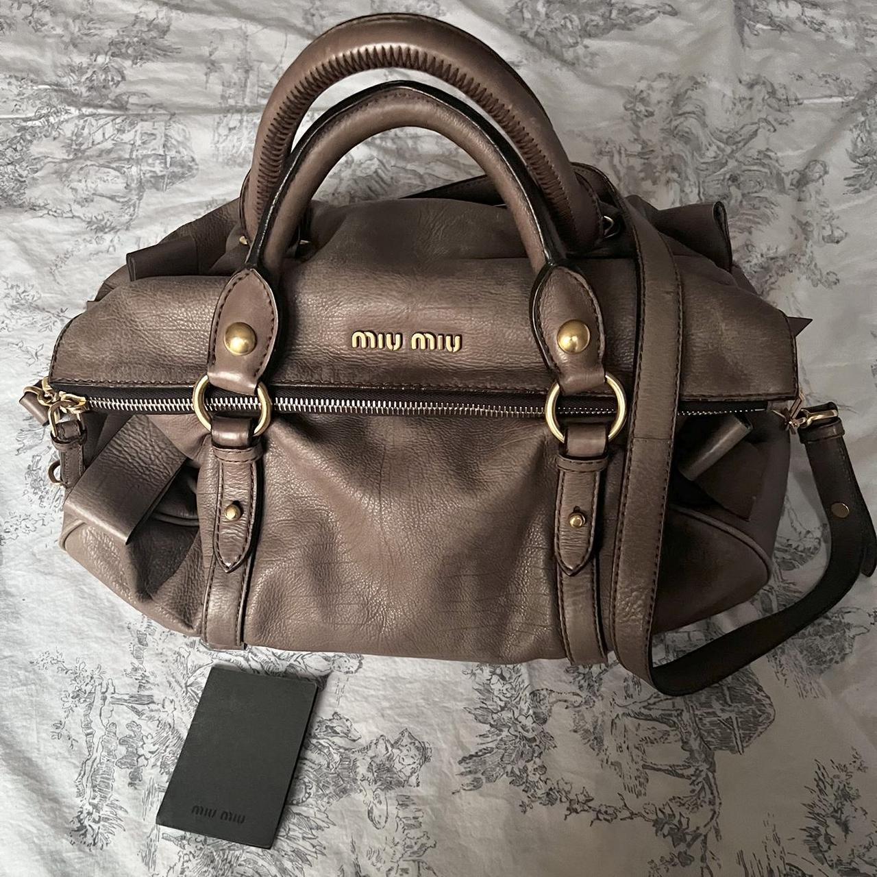 Authentic Miu Miu Purple Grey Leather Vitello Lux Bow Bag In Gold Hardware With Removable Strap🤎🌆