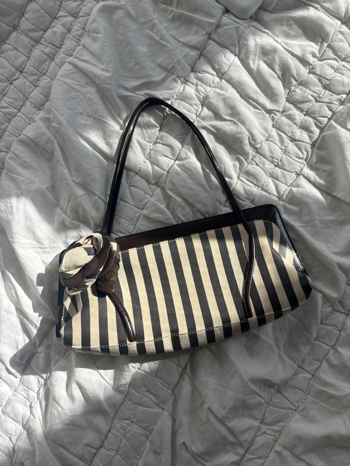 Moschino Vintage Brown Leather Striped Bag Floral Detail🤍🗻