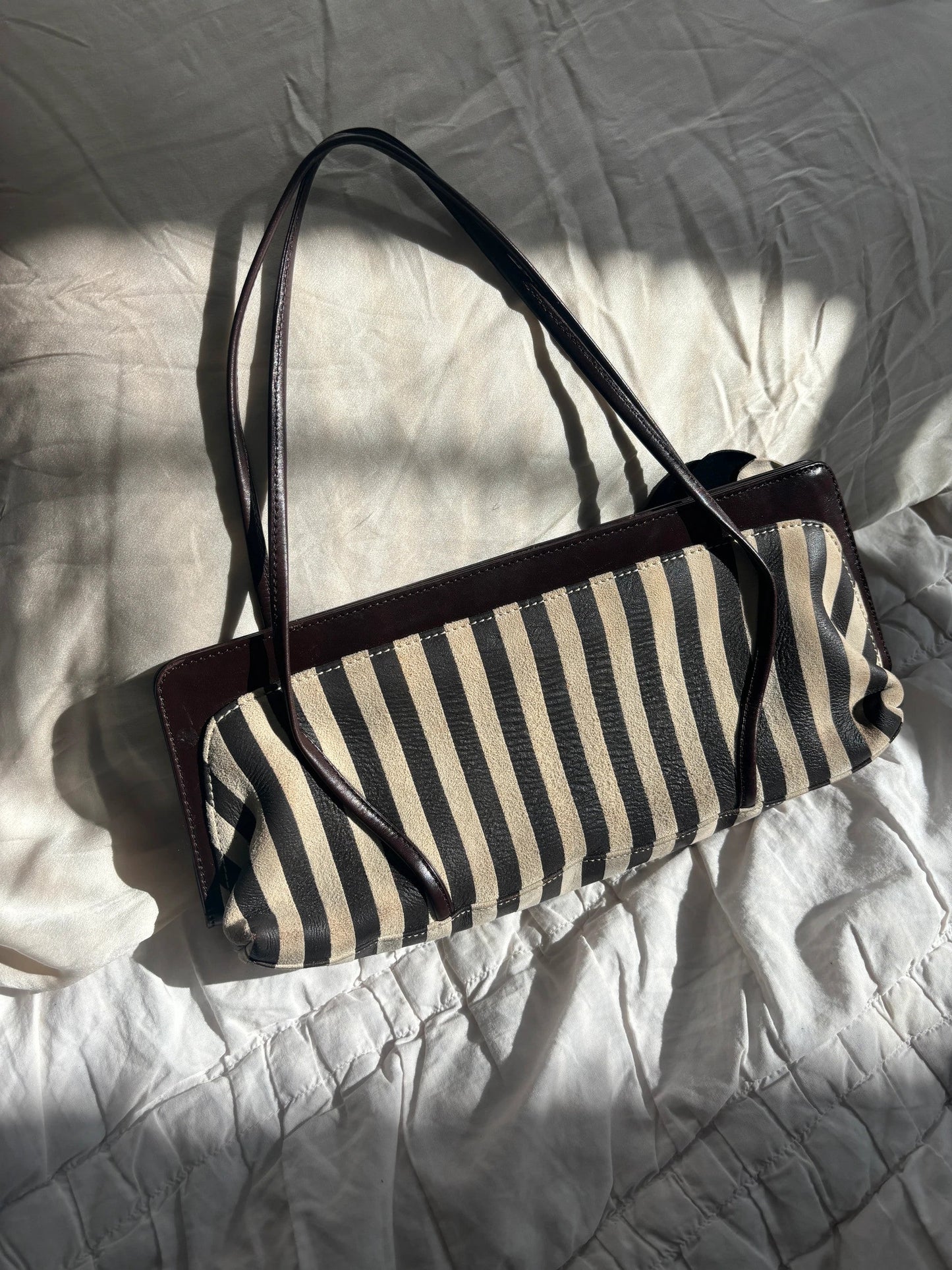 Moschino Vintage Brown Leather Striped Bag Floral Detail🤍🗻