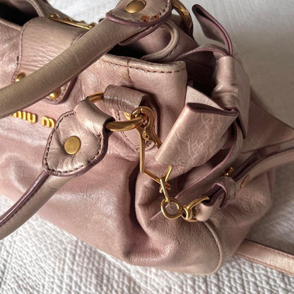 Authentic Light Pink Miu Miu Vitello Leather Bow Bag With Gold Hardware And Removable Strap🤍🗻