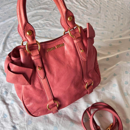 Authentic Pink Miu Miu Vitello Lux Bow Bag With Gold Hardware🍒❤️‍🔥